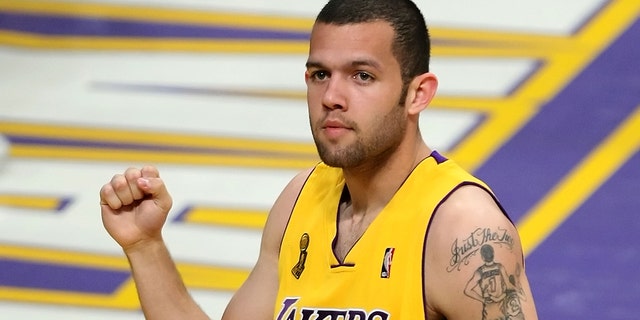Jordan Farmar of the Lakers reacts after making a three-pointer against the Boston Celtics during the 2008 NBA Finals on June 12, 2008, at Staples Center in Los Angeles, California.
