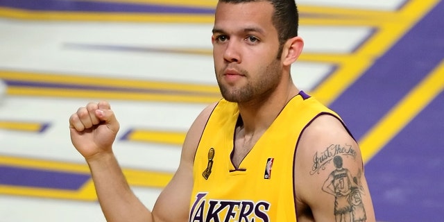 Jordan Farmar of the Lakers reacts after making a three-pointer against the Boston Celtics during the 2008 NBA Finals on June 12, 2008, at Staples Center in Los Angeles, California.