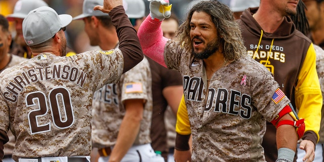 San Diego Padres' Jorge Alfaro, front right, celebrates with bench coach Ryan Christenson after hitting a three-run walkoff home run against the Miami Marlins during the ninth inning of a baseball game Sunday, May 8, 2022, in San Diego.