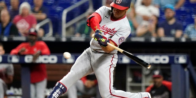 Washington Nationals' Juan Soto grounds out during the fifth inning of a baseball game against the Miami Marlins, Monday, May 16, 2022, in Miami.