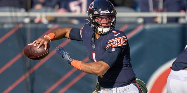 Chicago Bears quarterback Justin Fields throws the ball during a game against the Baltimore Ravens on Nov. 21, 2021, at Soldier Field in Chicago.