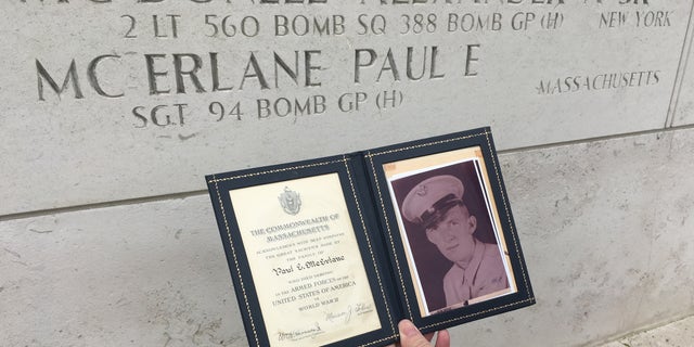 Sgt. Paul McErlane of Lowell, Mass., died over Europe while serving on a bomber crew in World War II. He is remembered today at the Netherlands American Cemetery in a memorial to those missing in action. He's one of thousands of Americans whose remains were never recovered and who are honored in MIA memorials at AMBC cemeteries. 
