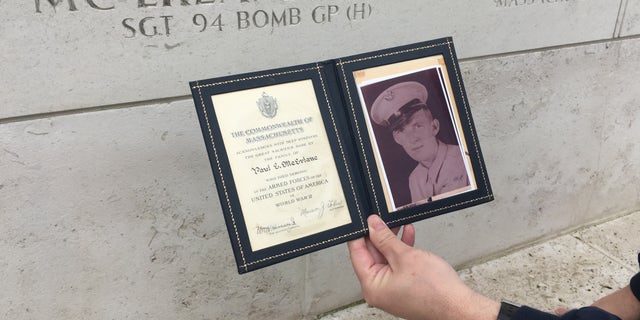 Sgt. Paul McErlane of Lowell, Massachusetts, died over Europe serving on a bomber crew in World War II. He is remembered today at the Netherlands American Cemetery in a memorial to those missing in action. He's one of thousands Americans whose remains were never recovered honored in MIA memorials at ABMC cemeteries in Europe.
