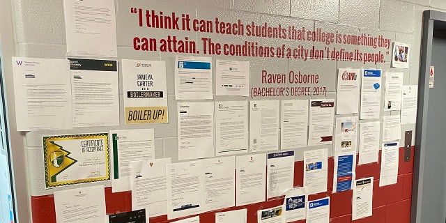College acceptance letters on the walls of the 21st Century Charter School in Gary, Ind.