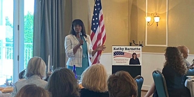 Republican Senate candidate Kathy Barnette campaigns in West Chester, Pennsylvania on May 13, 2022
