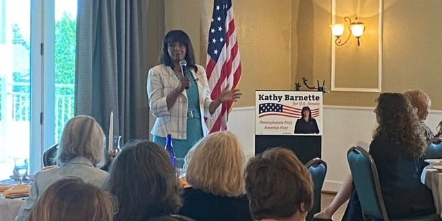 Republican Senate candidate Kathy Barnette campaigns in West Chester, Pennsylvania on May 13, 2022.