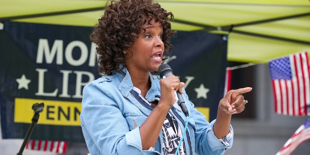 Kathy Barnette, Republican U.S. Senate candidate, speaks at a Moms for Liberty rally at the Pennsylvania state Capitol.