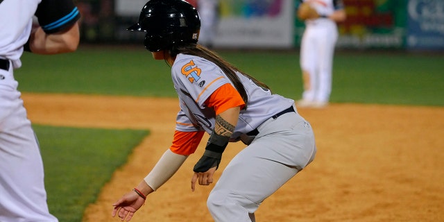 Staten Island FerryHawks' Kelsie Whitmore leads off first as a pinch-runner against the Dirty Birds on April 21, 2022, in Charleston, West Virginia.