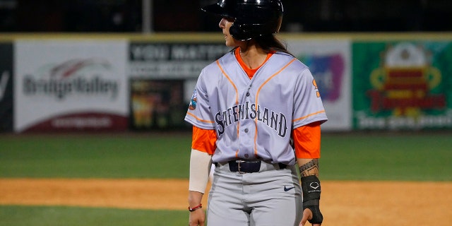 Kelsie Whitmore walks back to first against the Dirty Birds on April 21, 2022, in Charleston, West Virginia.