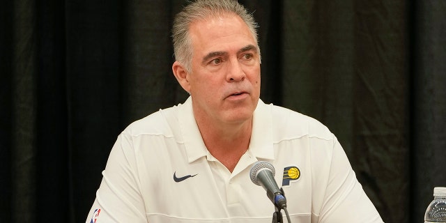 Kevin Pritchard of the Indiana Pacers talks to the media during the press conference on July 30, 2021, at Ascension St. Vincent Center in Indianapolis.