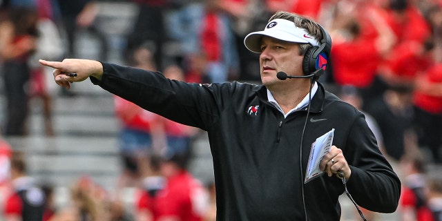 Georgia Bulldogs Head Coach Kirby Smart during the G-Day intrasquad spring game on April 16, 2022 at Sanford Stadium in Athens, GA.