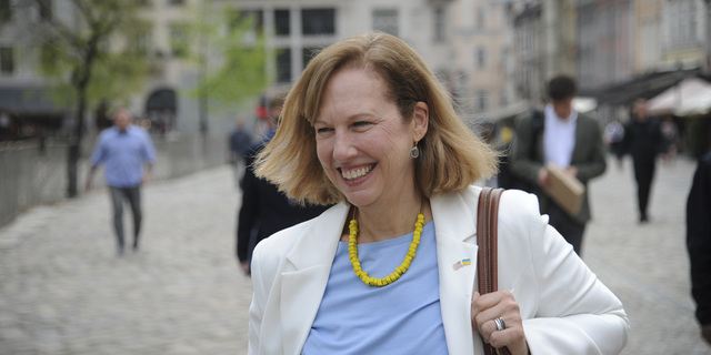 Acting United States ambassador to Ukraine, Kristina Kvien, smiles as she arrives for her press briefing in Lviv, Ukraine, on Monday, May 2.