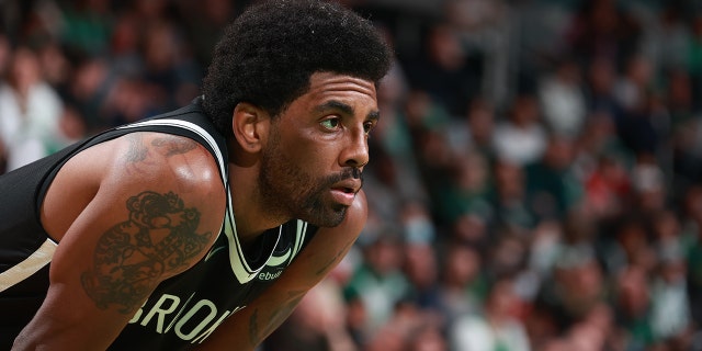 Kyrie Irving of the Brooklyn Nets during a game against the Boston Celtics on March 6, 2022 at TD Garden in Boston, Mass.