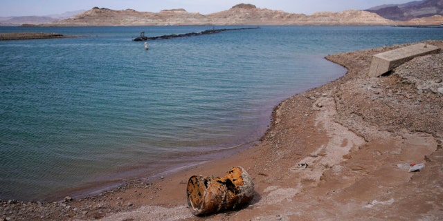 Rusting debris that used to be underwater sits above the water level on Lake Mead at the Lake Mead National Recreation Area, Monday, May 9, 2022, near Boulder City, Nev.