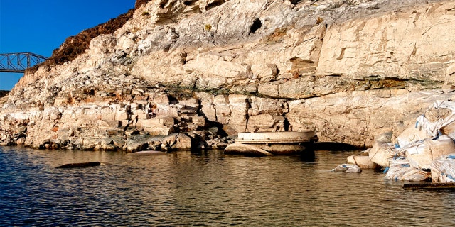 This photo taken Monday, April 25, 2022, by the Southern Nevada Water Authority shows the top of Lake Mead drinking water Intake No. 1 above the surface level of the Colorado River reservoir behind Hoover Dam.