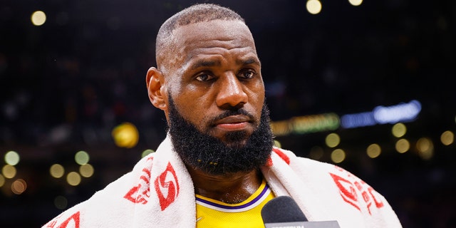 LeBron James of the Los Angeles Lakers talks to the media after the Raptors game on March 18, 2022, in Toronto, Canada.