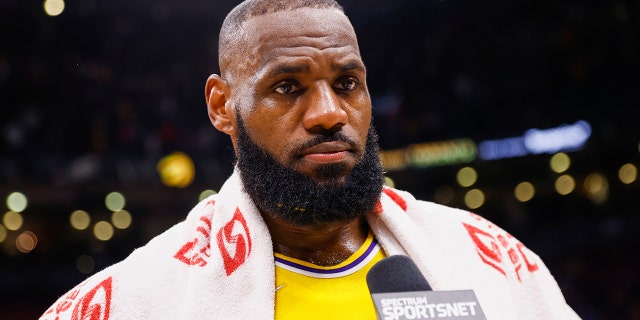 LeBron James of the Los Angeles Lakers talks to the media after the Raptors game on March 18, 2022, in Toronto, Canada.