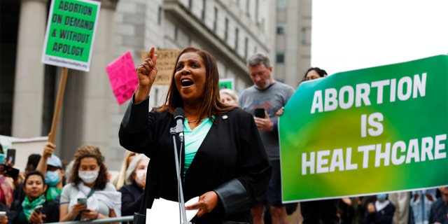 New York Attorney General Letitia James speaks at a rally in support of abortion rights, Tuesday, May 3, 2022, in New York.