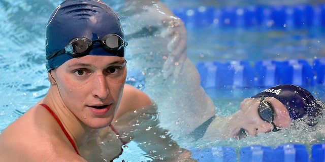 La nageuse transgenre Penn Lia Thomas après avoir remporté le 500 mètres nage libre lors d'une rencontre de natation universitaire de la NCAA avec Harvard le 22 janvier 2022, à l'Université de Harvard à Cambridge, Mass. 