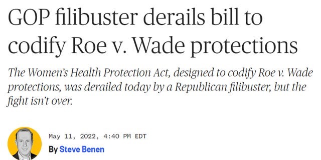 MSNBC headline reads "GOP filibuster derails bill to codify Roe v. Wade protections."