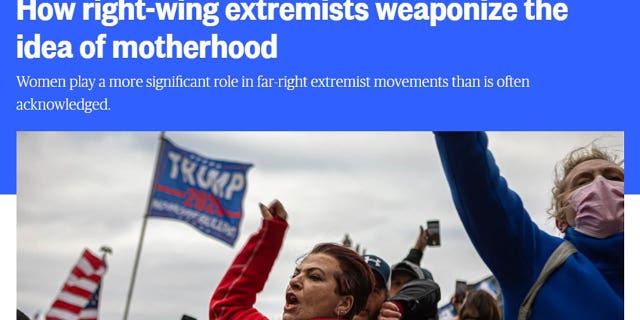 MSNBC headline reading "How right-wing extremists weaponize the idea of motherhood"