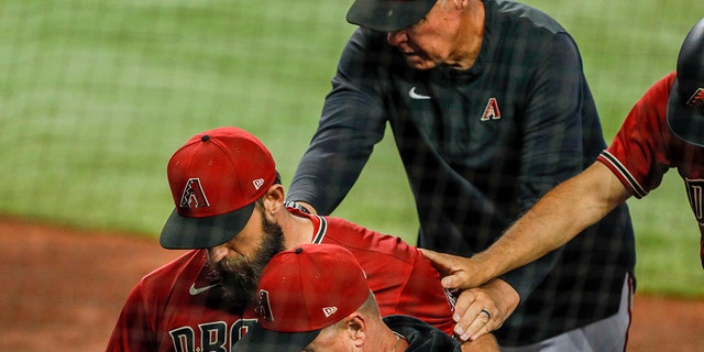 Arizona Diamondbacks starting pitcher Madison Bumgarner is ejected from the Marlins game at loanDepot Park in Miami, Florida.