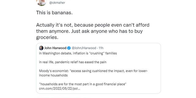 Writer Kelly Maher criticized CNN's John Harwood in a tweet dated May 22, 2022 after a liberal reporter downplayed the effects of inflation on American families.