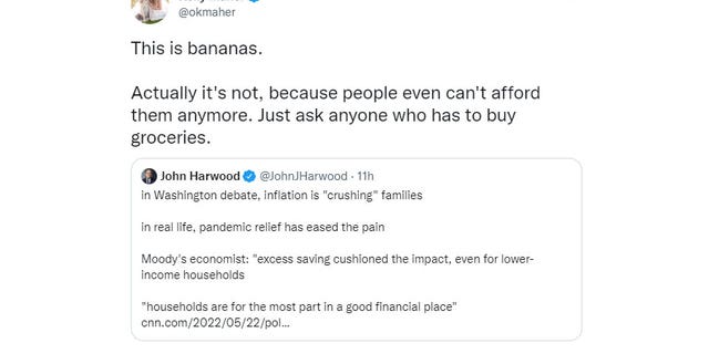 Writer Kelly Maher criticized CNN's John Harwood in a May 22, 2022, tweet after the liberal reporter minimized the effects of inflation on American families.