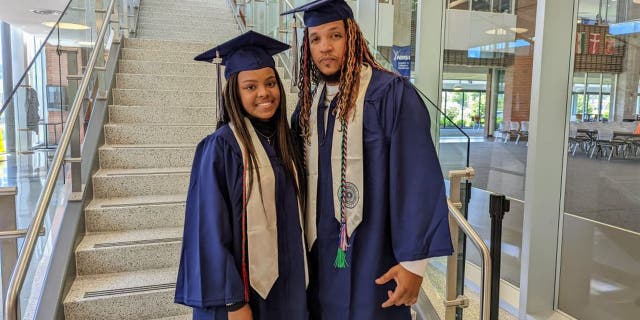 Marvin Fletcher (right) is a retired U.S. Marine and Army veteran who served for 12 years. His daughter, SaNayah Hill, 17, graduated from Tidewater Community College alongside him before she even reached her senior year.