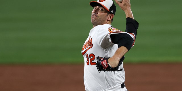 Starting pitcher Matt Harvey No. 32 of the Baltimore Orioles pitches to a Kansas City Royals hitter at Oriole Park in Camden Yards on September 8, 2021 in Baltimore, Maryland.