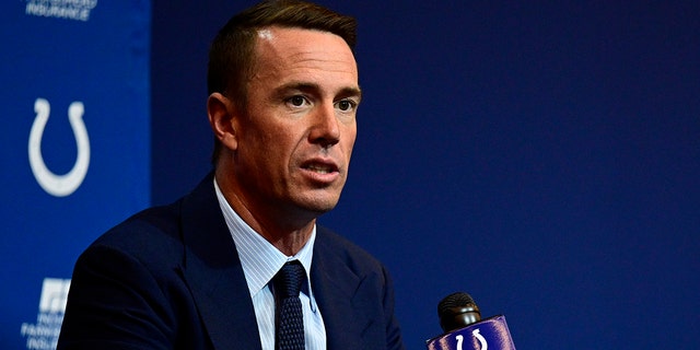 Quarterback Matt Ryan holds a press conference on March 22, 2022 to announce his joining the Indianapolis Colts at the Indiana Farm Bureau Football Center. 
