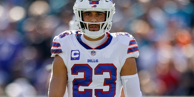 Micah Hyde #23 of the Buffalo Bills looks on during the second quarter against the Jacksonville Jaguars at TIAA Bank Field on November 07, 2021 in Jacksonville, Florida.