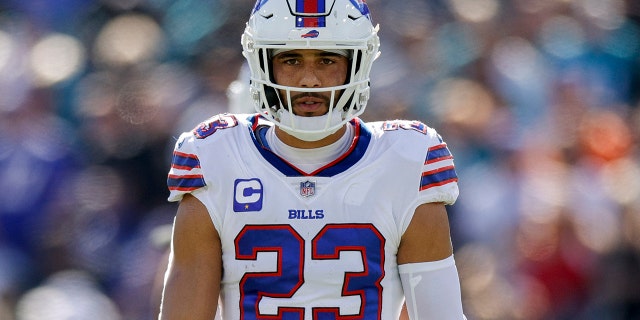 Micah Hyde #23 of the Buffalo Bills looks on during the second quarter against the Jacksonville Jaguars at TIAA Bank Field on November 07, 2021 in Jacksonville, Florida.