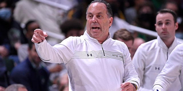 Notre Dame head coach Mike Brey reacts to a call in the first half as the University of Miami Hurricanes faced the University of Notre Dame Fighting Irish on February 2, 2022, at the Watsco Center in Coral Gables, Florida.