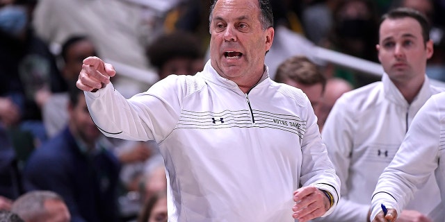 Notre Dame Head Coach Mike Brey reacts to a call in the first half as the University of Miami Hurricanes faced the Notre Dame University Fighting Irish on February 2, 2022, at the Watsco Center in Coral Gables, Florida.