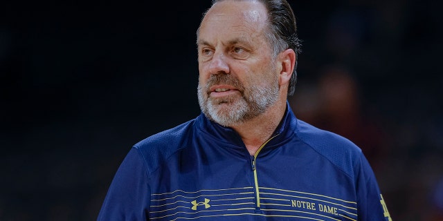 Head coach Mike Brey of the Notre Dame Fighting Irish is seen during the game against the Texas A&M Aggies at Michelob ULTRA Arena on Nov. 24, 2021 in Las Vegas, Nevada.