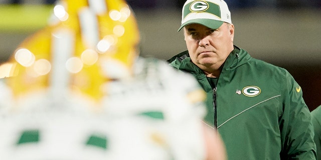 Head coach Mike McCarthy of the Green Bay Packers watches warmups before the Vikings game at U.S. Bank Stadium on Nov. 25, 2018, in Minneapolis, Minnesota.