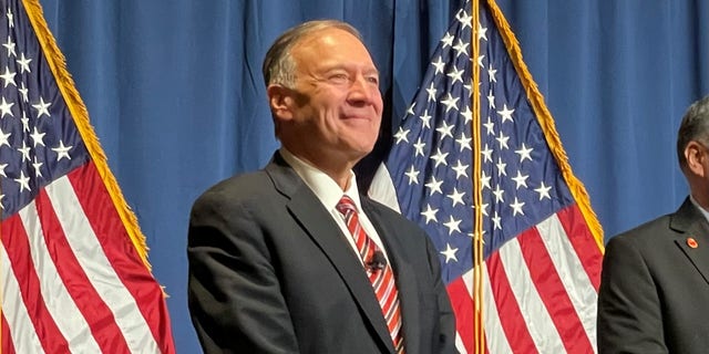 Former Secretary of State Mike Pompeo keynotes the Hillsborough County GOP's annual Lincoln-Reagan fundraising dinner, in Manchester, New Hampshire, on April 7, 2022.