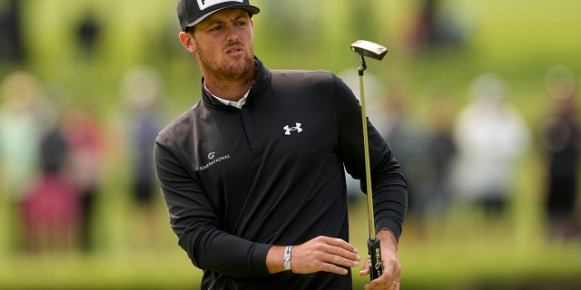 Mito Pereira, of Chile, reacts after missing a putt on the 11th hole during the final round of the PGA Championship golf tournament at Southern Hills Country Club, Sunday, May 22, 2022, in Tulsa, Okla. 