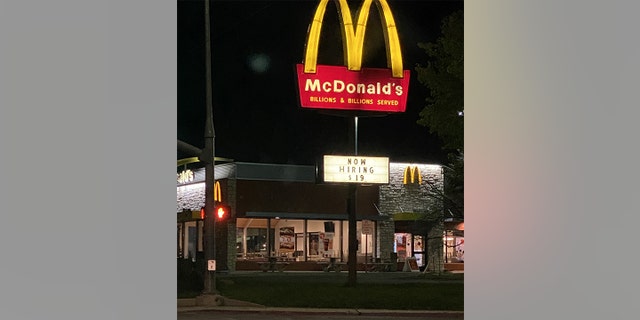 A hiring sign at Moab's only McDonald's restaurant in September 2021, weeks after newlyweds Kylen Schulte and Crystal Turner were murdered.
