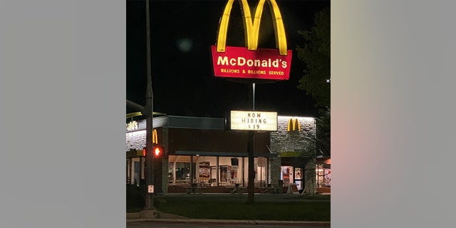 A now-hiring sign at Moab's only McDonald's restaurant in September 2021, weeks after the murders of newlyweds Kylen Schulte and Crystal Turner.