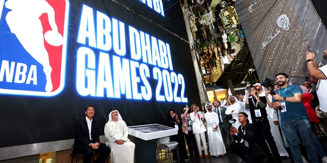 HE Saleh Mohamed Al Geziry, Director General for Tourism at DCT Abu Dhabi and Ralph Rivera, Director General, NBA Europe and the Middle East attend during the announcement of the Abu Dhabi 2022 NBA Games at Dubai World Trade Center on May 10, 2022 in Dubai , United Arab Emirates Emirates.