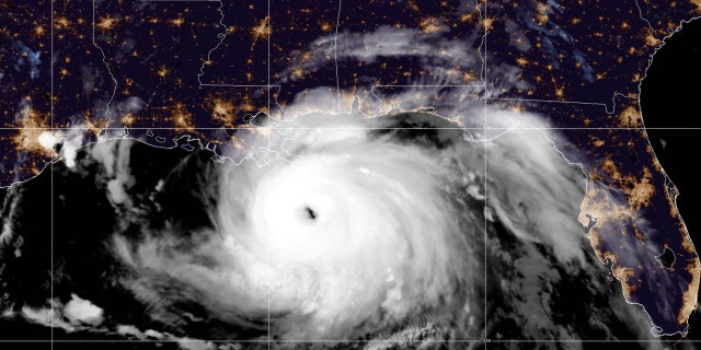 A visible satellite image of Hurricane Ida making landfall in the Gulf of Mexico taken by NOAA's GOES-16 (GOES East) satellite at 4:10 a.m. (EDT) on Aug. 29 of 2021.