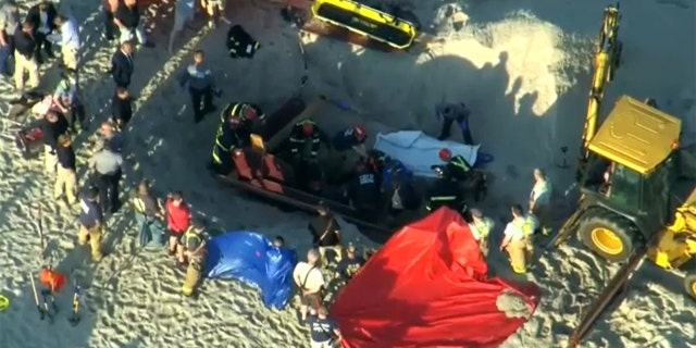 A teen digging on a New Jersey beach died Tuesday, and his younger sister was rescued after police say both out-of-towners became trapped beneath the sand when the hole collapsed on top of them. 