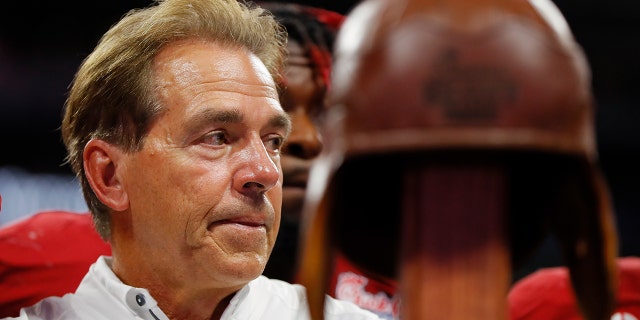 Head coach Nick Saban celebrates after defeating the Florida State Seminoles at Mercedes-Benz Stadium on Sept. 2, 2017, in Atlanta, Georgia.