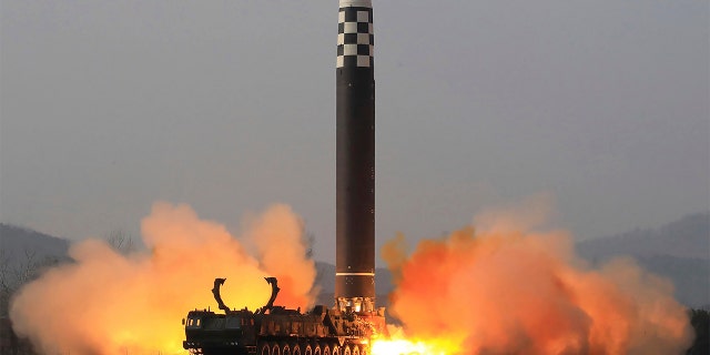 A test-fire of a Hwasong-17 intercontinental ballistic missile at an undisclosed location in North Korea on March 24, 2022. 