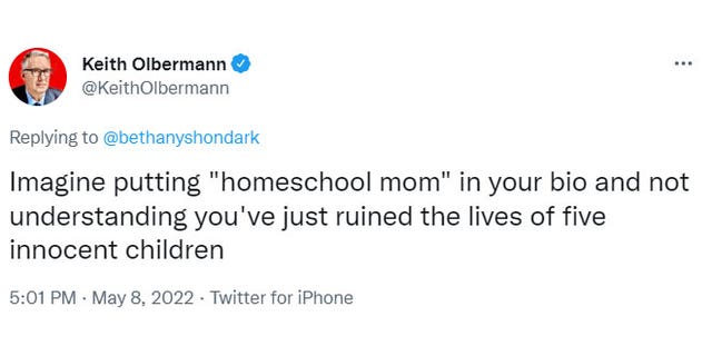 Former MSNBC host Keith Olbermann spent his Mother's Day criticizing mom of five Bethany Mandel for choosing to homeschool her children. (Screenshot/Twitter)