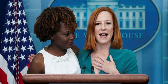 White House Deputy Press Secretary Karine Jean-Pierre is introduced by current White House Press Secretary Jennifer Psaki as President Joe Biden's next White House press secretary at the White House in Washington, U.S., May 5, 2022. 