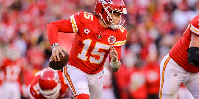 Patrick Mahomes of the Kansas City Chiefs runs with the football during the AFC Championship Game against the Cincinnati Bengals at Arrowhead Stadium Jan. 30, 2022, in Kansas City, Mo.