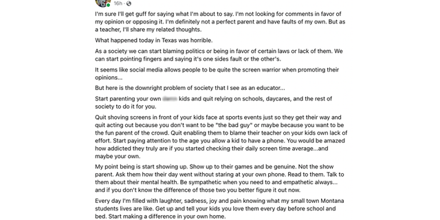 Facebook post from Montana teacher Payge Guenzler calling on parents to be involved in their kids' lives.